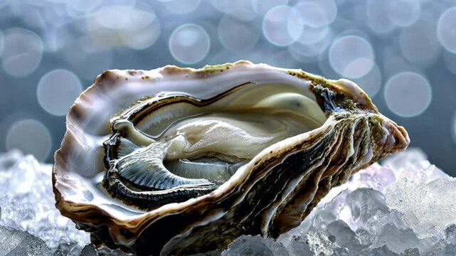 Close-up of an open oyster lying on ice chips. Fresh seafood on ice.