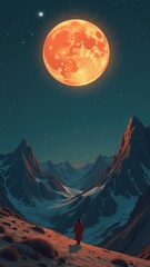 Monk observing huge orange planet from mountain top at night