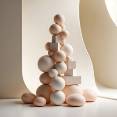 A mesmerizing arrangement of 3D shapes, comprising softly rounded spheres, perfectly cubed structures, and amorphous blobs, stacked into a delicate yet harmonious tower, exuding a sense of tactile won