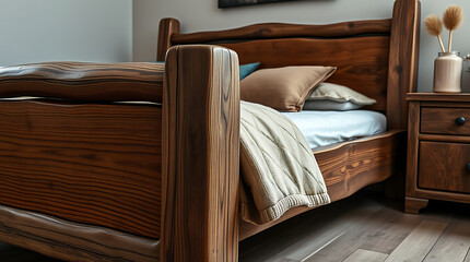 Rustic Wooden Bed: Luxurious and Cozy Bedroom Design. Discover the beauty of handcrafted wooden furniture and create a serene sleep sanctuary in your home.