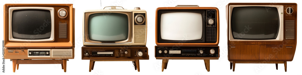 Poster row of vintage televisions arranged in a line showcasing retro designs and various screen sizes isol