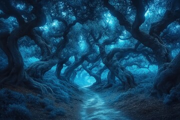 Enchanted Forest at Night: A Magical Path Through a Blue Glow