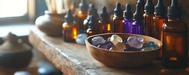 Gemstones in Wooden Bowl with Essential Oils