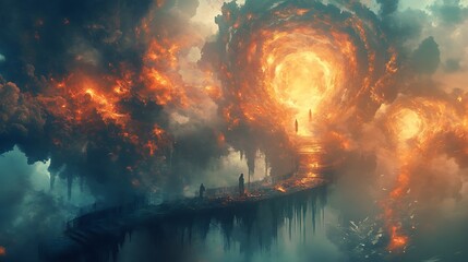 Figures Walk Towards a Glowing Portal in a Fiery Sky