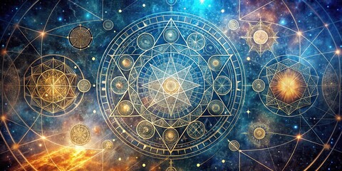 Obraz premium Intricate geometric patterns on a celestial map with sacred shapes and mystical symbols