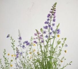 Naklejka premium A cluster of spring wildflowers against a soft white background with delicate green stems, serene landscape, spring wildflowers, abstract floral