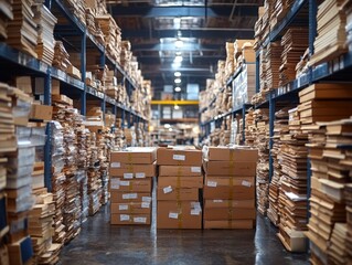 Extensive warehouse inventory with high stacks of cardboard boxes filling the shelves, showcasing a large-scale storage and distribution facility