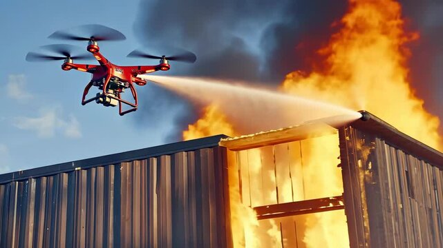Drone firefighting in action over blazing container
