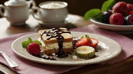 Chocolate and cream sandwich with fruits and berries