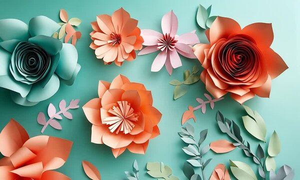 A colorful collage of paper flowers and leaves on a blue background. The flowers are arranged in various sizes and colors, creating a vibrant and lively atmosphere. The leaves add a touch of nature
