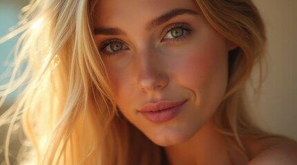Naklejka premium Young woman with long blonde hair and captivating green eyes poses in soft sunlight