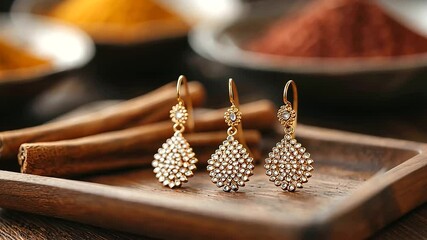 Arabian Earrings with Spices on Wooden Tray