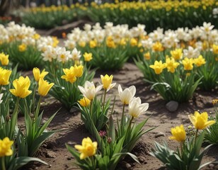 Obraz premium Delicate tulips and daffodils swaying in the spring wind, garden landscape, spring floral scene, nature photography