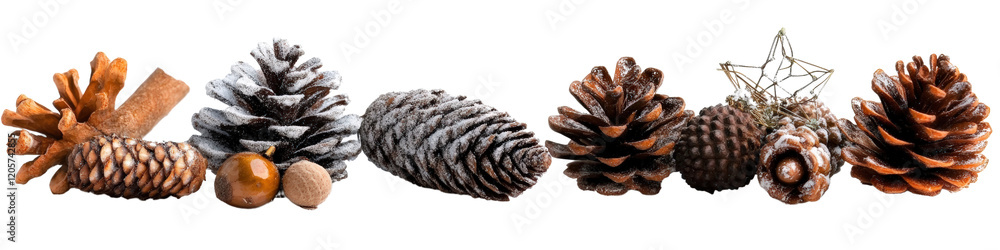 Poster cluster of various pine cones on natural surface with greenery background isolated on a white backgr