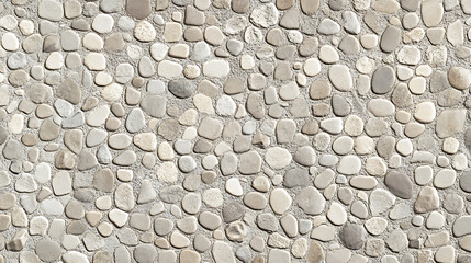 Natural stone pebbles arrangement outdoor setting texture details neutral tones top-down view landscape aesthetics