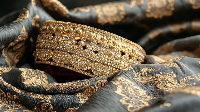 Arabian Headdress on Velvet Fabric with Golden Embroidery