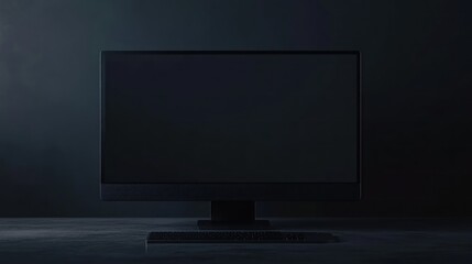 Fototapeta premium Dark room, computer screen mockup, keyboard, night, digital, workspace, technology, blank screen, advertising