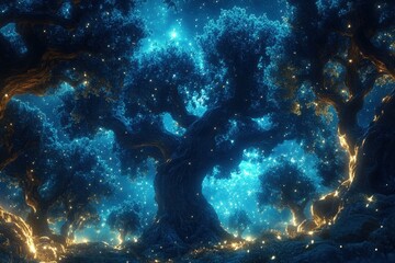 Obraz premium Enchanted Forest at Night: A Glowing Tree with Blue and Gold Sparkles