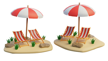 3d illustration of two beach benches and a beach umbrella on an island transparent background, 3d...