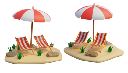 3d illustration of two beach benches and a beach umbrella on an island transparent background, 3d rendering