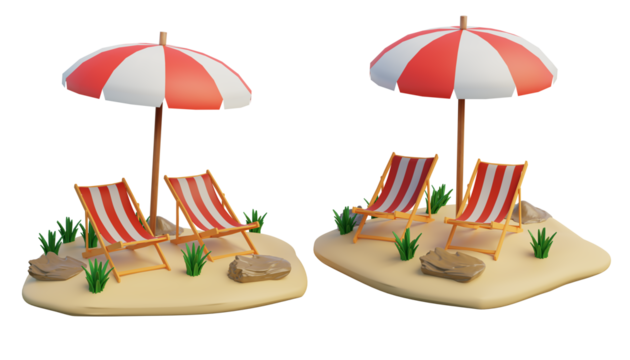 3d illustration of two beach benches and a beach umbrella on an island transparent background, 3d rendering