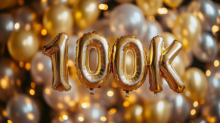100k Number Balloons with Colorful Confetti Background.