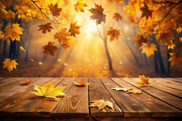 Autumn Background: Yellow Maple Leaves Bordering Rustic Wooden Table