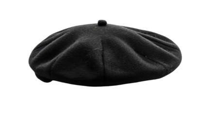 Black beret hat with soft texture on transparent background