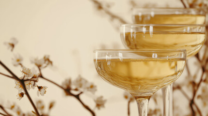 Elegant champagne glasses with delicate spring blossoms