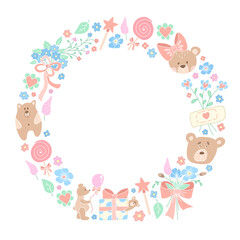 Round frame with Cute Bears, Flowers and Gifts
