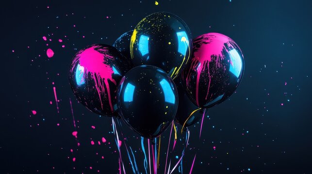 Black balloons with neon paint splashes, edgy and artistic party decor concept 