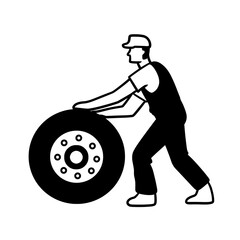 Mechanic Rolling a Tire Vector Illustration