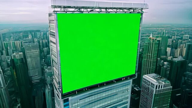Blank advertising billboard isolated green screen on the skyscraper. Digital display marketing green background. Mock Up chroma key backdrop. Street Billboard on the modern tall high building. Daytime