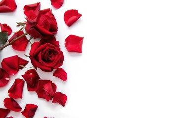 Romantic red roses on white background, with blank space for customized content, perfect for valentine's day, engagement, wedding, anniversary, love gift. With blank space for customized content.