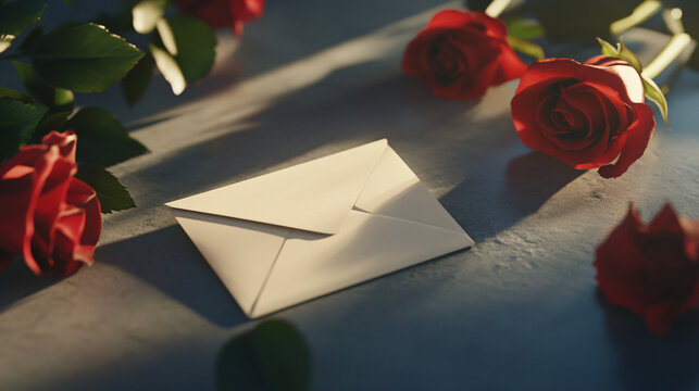 A luxurious Valentine's Day gift featuring a bouquet of rich red roses and a beautiful envelope, elegantly placed on a table with a dark gray background, creating a perfect atmosphere for love, romanc