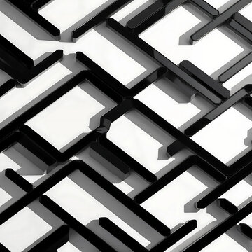 A vibrant and modern graphic design in a pop art style, featuring a clean and intricate arrangement of interlocking hexagons in stark black and white colors, with subtle yet defined shadows adding dep