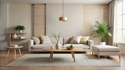 Minimalist living room with a neutral color palette and sparse furniture arranged around a low-slung coffee table, minimalist decor, modern living room