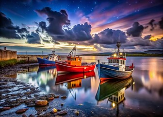 Fototapeta premium Ballyvaughan, Ireland: Boats at Low Tide - Night Photography