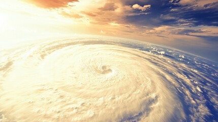 Vast view of a swirling storm cloud with sunlight breaking through the atmosphere.
