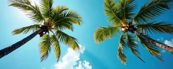 Obraz premium Palm tree branches stretching towards the sky, leaves, coconuts