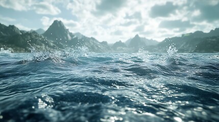 A Close-Up View of Ocean Waves Crashing Against a Mountainous Background
