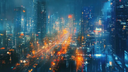 Fototapeta premium City nightscape bokeh in blues and oranges, urban and dynamic composition 