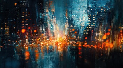 Fototapeta premium City nightscape bokeh in blues and oranges, urban and dynamic composition 