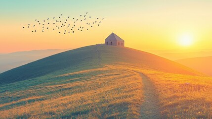 Serene Sunrise Landscape with Small House and Flying Birds