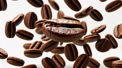 Falling roasted Arabica coffee bean on a white background.