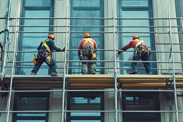 A construction worker on scaffolding on the facade of a building under construction. Reconstruction work on the facade of the building