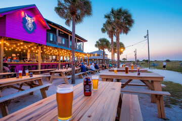 A picnic table has a glass of beer and a can of soda on it. Bar and Pub Culture: Capturing the spirit of good company