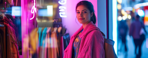 Obraz premium Stylish Woman Browsing Clothes in Fashion Store