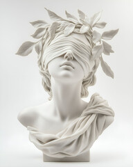 Marble sculpture of a blindfolded woman with intricate leaf.