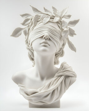 Marble sculpture of a blindfolded woman with intricate leaf.